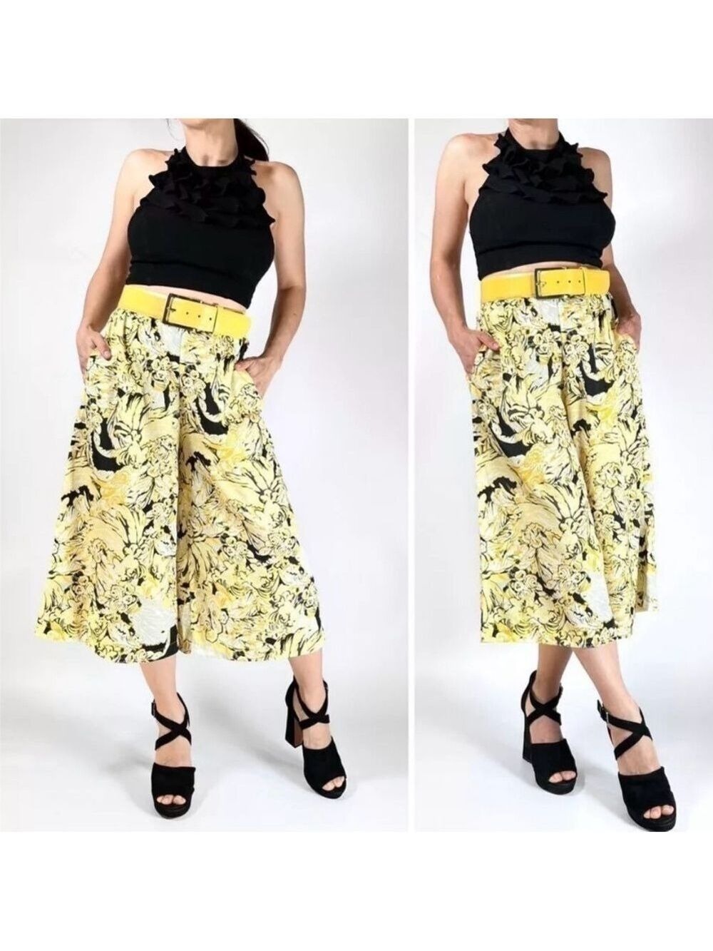 ECI Women’s New York Yellow Black Floral Print Palazzo Cropped Pants Size Small